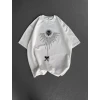 Unisex Bisiklet Yaka Baskılı Oversize T-shirt - Beyaz