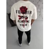 Unisex Bisiklet Yaka Baskılı Oversize T-shirt - Beyaz