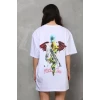 Unisex Bisiklet Yaka Baskılı Oversize T-shirt - Beyaz