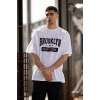 Unisex Bisiklet Yaka Baskılı Oversize T-shirt - Beyaz