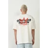 Unisex Bisiklet Yaka Baskılı Oversize T-shirt - Beyaz