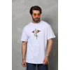 Unisex Bisiklet Yaka Baskılı Oversize T-shirt - Beyaz