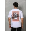 Unisex Bisiklet Yaka Baskılı Oversize T-shirt - Beyaz