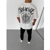 Unisex Bisiklet Yaka Baskılı Oversize T-shirt - Beyaz