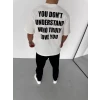 Unisex Bisiklet Yaka Baskılı Oversize T-shirt - Beyaz