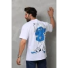 Unisex Bisiklet Yaka Baskılı Oversize T-shirt - Beyaz