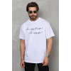 Unisex Bisiklet Yaka Baskılı Oversize T-shirt - Beyaz