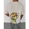 Unisex Bisiklet Yaka Baskılı Oversize T-shirt - Beyaz