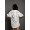 Unisex Bisiklet Yaka Baskılı Oversize T-shirt - Beyaz