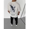 Unisex Bisiklet Yaka Baskılı Oversize T-shirt - Beyaz
