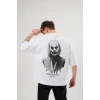 Unisex Bisiklet Yaka Baskılı Oversize T-shirt - Beyaz