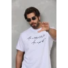Unisex Bisiklet Yaka Baskılı Oversize T-shirt - Beyaz