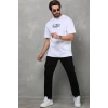 Unisex Bisiklet Yaka Baskılı Oversize T-shirt - Beyaz