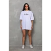 Unisex Bisiklet Yaka Baskılı Oversize T-shirt - Beyaz