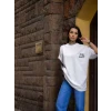 Unisex Bisiklet Yaka Baskılı Oversize T-shirt - Beyaz