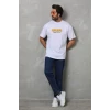Unisex Bisiklet Yaka Baskılı Oversize T-shirt - Beyaz