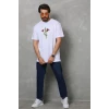 Unisex Bisiklet Yaka Baskılı Oversize T-shirt - Beyaz