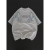 Unisex Bisiklet Yaka Baskılı Oversize T-shirt - Beyaz