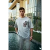Unisex Bisiklet Yaka Baskılı Oversize T-shirt - Boyalı Gri