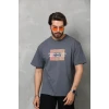 Unisex Bisiklet Yaka Baskılı Oversize T-shirt - Füme