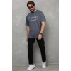 Unisex Bisiklet Yaka Baskılı Oversize T-shirt - Füme