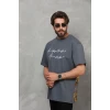 Unisex Bisiklet Yaka Baskılı Oversize T-shirt - Füme