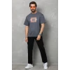 Unisex Bisiklet Yaka Baskılı Oversize T-shirt - Füme