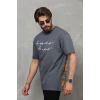 Unisex Bisiklet Yaka Baskılı Oversize T-shirt - Füme