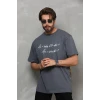Unisex Bisiklet Yaka Baskılı Oversize T-shirt - Füme