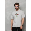 Unisex Bisiklet Yaka Baskılı Oversize T-shirt - Gri