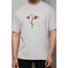 Unisex Bisiklet Yaka Baskılı Oversize T-shirt - Gri