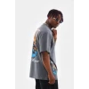 Unisex Bisiklet Yaka Baskılı Oversize T-shirt - Gri