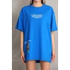 Unisex Bisiklet Yaka Baskılı Oversize T-shirt - Mavi
