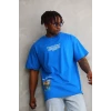 Unisex Bisiklet Yaka Baskılı Oversize T-shirt - Mavi