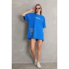 Unisex Bisiklet Yaka Baskılı Oversize T-shirt - Mavi