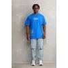 Unisex Bisiklet Yaka Baskılı Oversize T-shirt - Mavi
