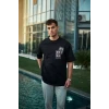 Unisex Bisiklet Yaka Baskılı Oversize T-shirt - Siyah