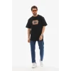 Unisex Bisiklet Yaka Baskılı Oversize T-shirt - Siyah