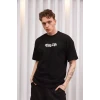 Unisex Bisiklet Yaka Baskılı Oversize T-shirt - Siyah