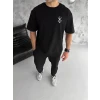 Unisex Bisiklet Yaka Baskılı Oversize T-Shirt - Siyah