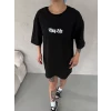 Unisex Bisiklet Yaka Baskılı Oversize T-shirt - Siyah