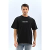 Unisex Bisiklet Yaka Baskılı Oversize T-shirt - Siyah