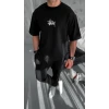 Unisex Bisiklet Yaka Baskılı Oversize T-shirt - Siyah