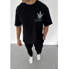 Unisex Bisiklet Yaka Baskılı Oversize T-shirt - Siyah