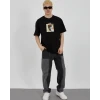 Unisex Bisiklet Yaka Baskılı Oversize T-shirt - Siyah