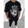 Unisex Bisiklet Yaka Baskılı Oversize T-shirt - Siyah