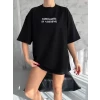 Unisex Bisiklet Yaka Baskılı Oversize T-shirt - Siyah