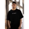 Unisex Bisiklet Yaka Baskılı Oversize T-shirt - Siyah