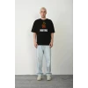 Unisex Bisiklet Yaka Baskılı Oversize T-shirt - Siyah