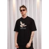 Unisex Bisiklet Yaka Baskılı Oversize T-shirt - Siyah